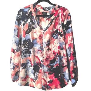 Jones New York Signature Floral Print Blouse Size 1X Long Sleeve‎ Button Up